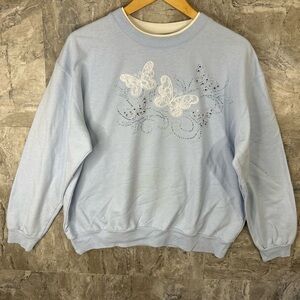 Light Blue Sweatshirt with‎ Butterfly Design with Rhinestones Sz Medium